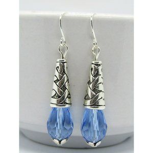 Sapphire Blue Teardrop Crystal Silver Earrings